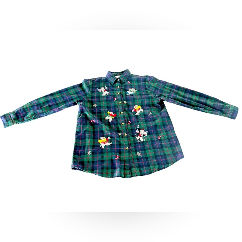 Vintage 90s Christmas Winter Plaid Button Down Snowman - Picture 2 of 5